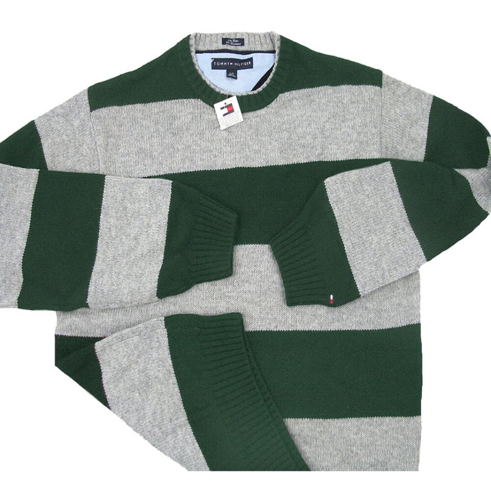 NEW Tommy Hilfiger Lambswool Sweater! 2X Green & Gray Stripe Tommy Flag Heavier